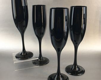 Libbey USA Black Amethyst Vintage Set of 4 Champagne Flutes Wine Glasses
