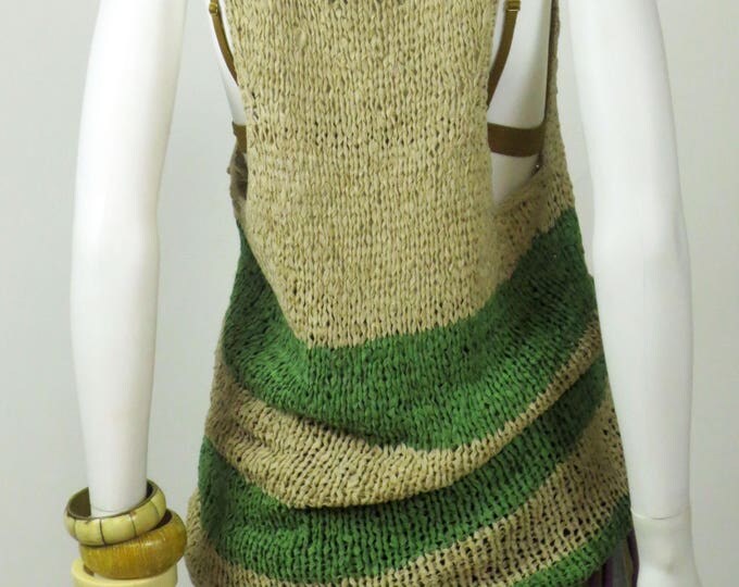 90s Minimal striped tape yarn loose knit beach coverall dress top