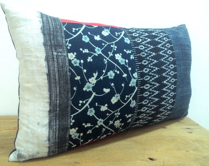 12" x 20" Indigo Vintage Hmong Hand Woven Hemp Batik Pillow Cover, Boho Hill Tribe Batik Lumbar Pillow Cover, Ethnic Textile Decor Pillow