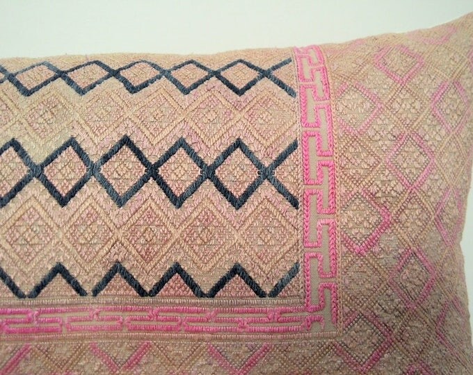 11" x 28" Chinese Wedding Blanket Long Lumbar Pillow Cover / Boho Pink Tan and Indigo Vintage Ethnic Dowry Textile / Handwoven Silk Cushion