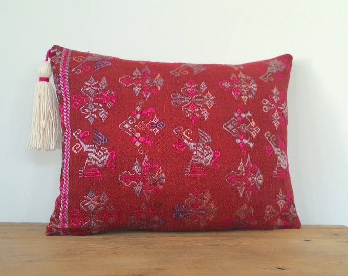 12"x 16" Bohemian Chic Vintage Chinese Maonan Wedding Blanket Pillow Cover / Brick Red Color Ethnic Dowry Textile / Handwoven Silk Cushion