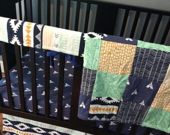 Custom Crib Bedding Set, Made to Order, Woodland set, navy, mint, mustard yellow