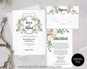 Printable Floral Wedding Invitation, rose wedding, invite calligraphy, garden wedding, summer wedding cards, PRINTABLE