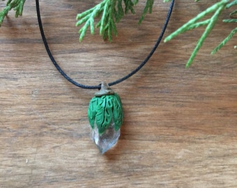 Polymer Clay Necklace -Crystal Leaf Clay Necklace / clay necklace / green leaf necklace / elvish necklace / woodland necklace/ plant necklac