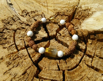 Rudrashka with Tiger Eye Stone and White beads with Brass Bracelet