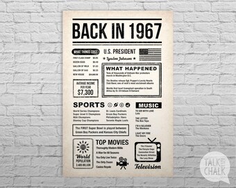 Back In 1967 Newspaper-Style DIGITAL Poster, 50th Birthday PRINTABLE Sign, 1967 Birthday, 50th Birthday Gift, 1967 Sign, 1967 Poster