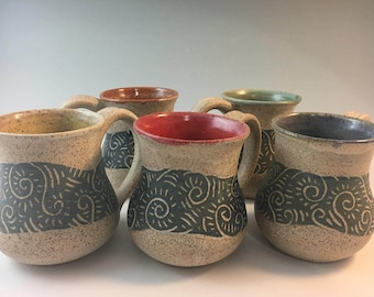 Handmade Pottery Coffee Mugs, Pottery Mug , Stoneware Mugs, Sgraffito, Handmade Mugs, Blue, Green, Yellow, Red, Purple, Pottery, Stoneware