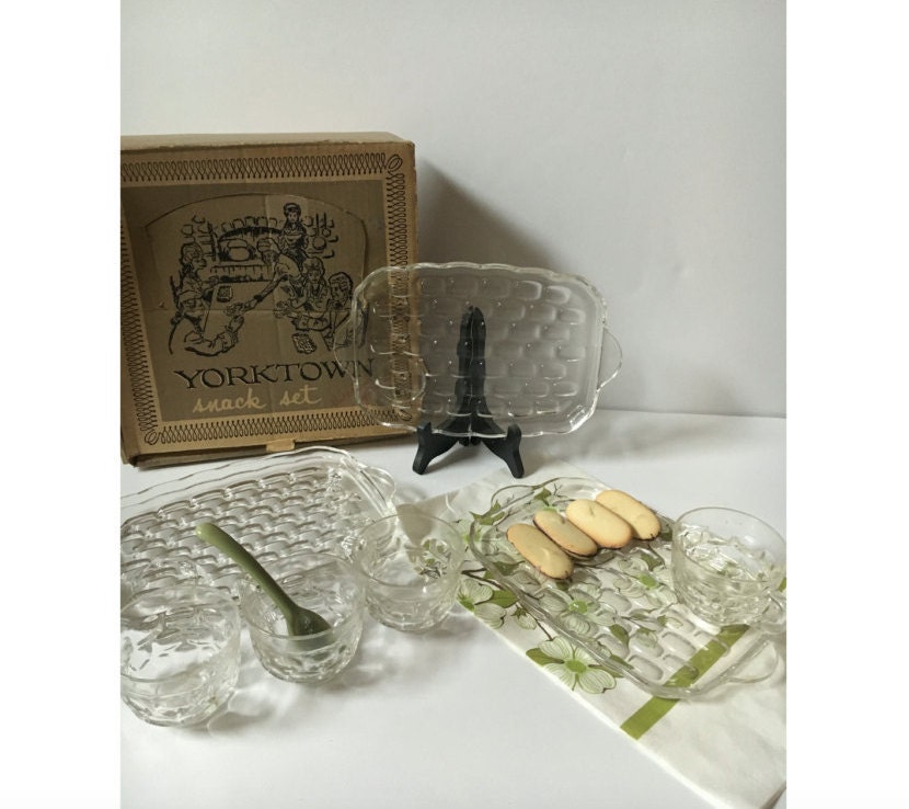 SALE Vintage snack trays glass trays trays with cup holder