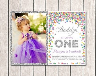 1st Birthday Invitation With Photo Girl Birthday Invites Printable Rainbow And Silver Girl Photo Invitation Colorful Confetti Birthday Party
