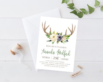 Woodland Baby Shower Invitation Boy, Deer, Antler, Blue and Green Flowers Printable Invite (849)