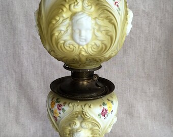 Antique Gone With the Wind Puffy Oil Lamp, Parlor Lamp With Cherub Relief, Brass Base and Fittings