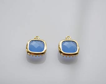 Periwinkle Blue Square Glass Pendant, 16K gold plated Brass, jewelry component, 9x11mm, charm,finding, 2 pcs, Wholesale jewelry supplies