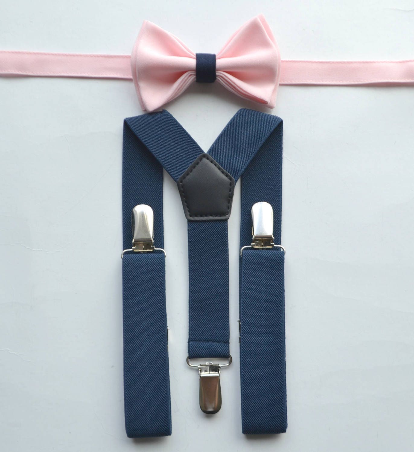 Blush Pink Bow Tie & Navy Suspenders with Blush Pink Pocket