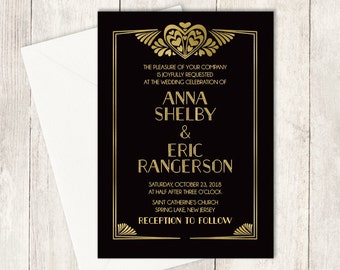 Art Deco Wedding Invitation / Great Gatsby, Roaring Twenties, 1920s / Black and Gold ▷ Printable File {or} Printed & Shipped