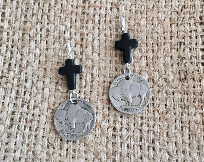 Black Cross Earrings, Howlite Earrings, Buffalo Nickel Earrings, Buffalo Earrings, Buffalo Nickel Drops, Stone Cross Earrings, Coin Earrings