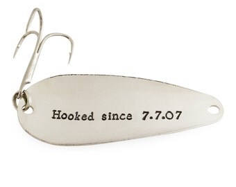 10 year anniversary gifts, for men, for women, hooked since 2007, stamped fishing spoon, fishing lure