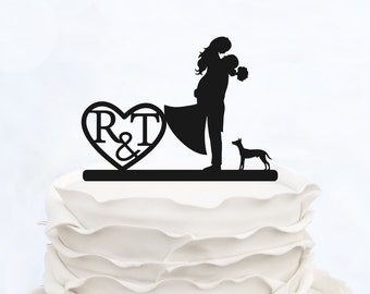 CUSTOM CAKE TOPPER with Initials_Wedding Cake topper with heart_cake topper cats_Personalized cake topper_Silhouette Bride & Groom