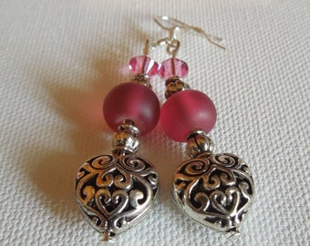 Silver Heart and Pink Dangle Earrings Hand Made