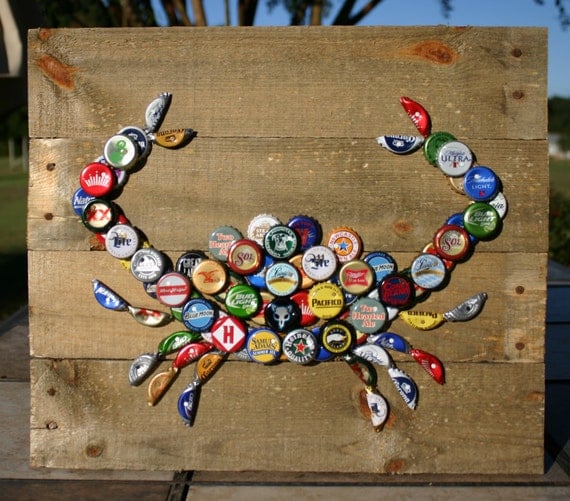 Crab Wall Art with Mixed Bottle Caps on Pallet Wood