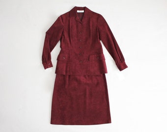 mollie parnis suit | ultra suede suit | maroon suit