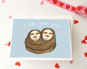 Sloth Love Card, Anniversary Sloth Card, Illustrated Funny Animal Couple Card, I Like Your Face, Cuddling Sloths