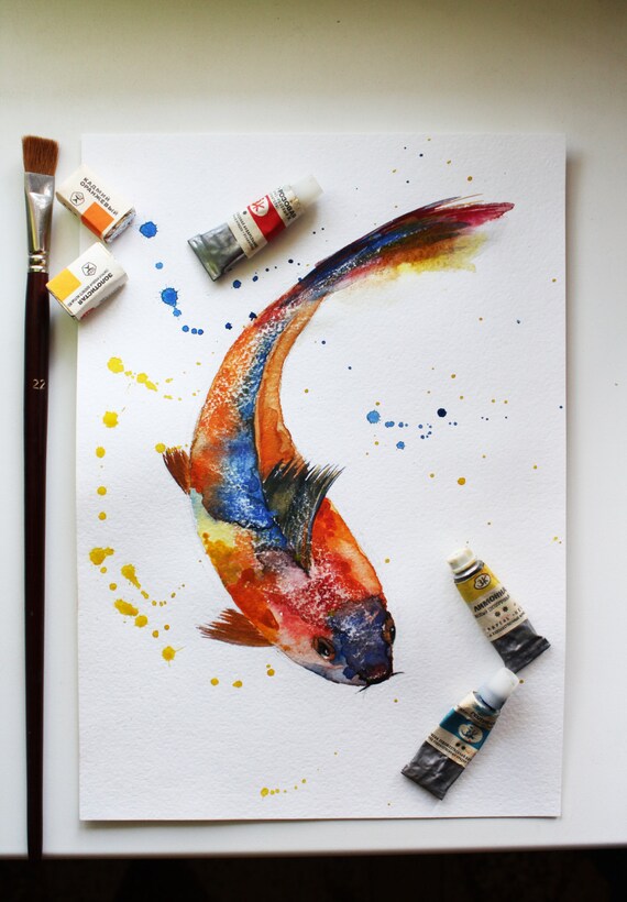 Original Watercolor Painting Fish Koi Art Gold Original Watercolor Painting Fish Koi Art Gold Sea Children Room