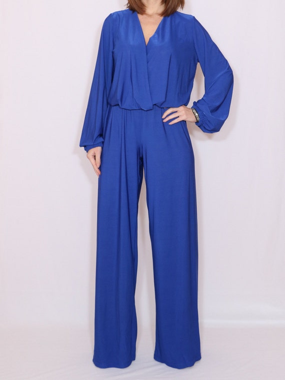 Long sleeve wide leg jumpsuit Cobalt blue jumpsuit Wrap top