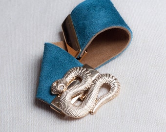 Royal Blue Suede Cuff Bracelet, Soft Leather Cuff Wide Bracelet, Women's Cuff, Blue and Beige Suede, Golden Serpent, Snake Clasp Bracelet