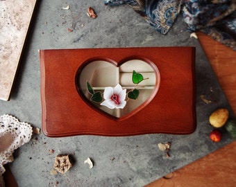 Vintage Wood Stained Glass Jewelry Box Chest Floral Pansies Design Keepsake Storage Jewel Desk Drawers Trinket Boxes Bijoux Rustic Retro