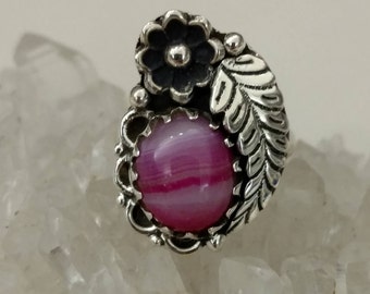 Pink Banded Onyx Ring Size 7 1/2