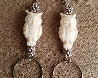 Ivory Owl Resin Earrings with Brass Rings
