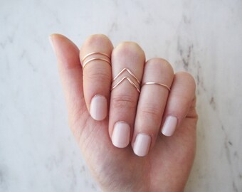 Rose Gold Knuckle Rings// Midi Ring, Stacking Ring, Band Style, Chevron, v shaped ring, Adjustable,Rose Gold Ring Wire Rings, Gift, Set of 5