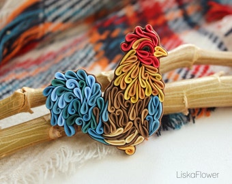 Rooster brooch - polymer clay Rooster pin - Rooster jewelry - blue or green tail Rooster - Bird Jewelry