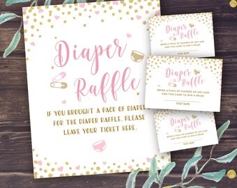 Diaper Raffle Ticket Printable, Diaper Raffle Sign, Pink and Gold Baby Shower Games Girl, Activity, Diaper Raffle Inserts, Instant Download