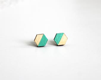 turquoise green earrings, geometric earrings, minimalist earrings, hexagon earrings, wooden earrings, turquoise jewelry, gift for her