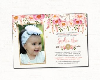 Floral First Birthday & Baptism Invitation. Pink and Gold Christening Party Invite. Bohemian Flowers. Boho Feathers. Glitter Flowers. FLO12A
