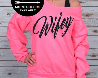 Wifey Shirt Off Shoulder Raw Edge Sweatshirt for Women GLITTER, future wifey, wifey tank, wifey sweatshirt, Plus Sizes (Black Glitter)