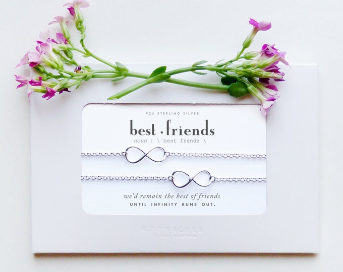 Bestfriends | 2 Sterling Silver Infinity Friendship Bracelet Set |Quote Poem Message Card |Best Friend Long Distance Miss You Birthday Gift