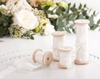 Ivory Silk Ribbon Hand Dyed / 3 yards ribbon on wooden spool / Bouquet ribbon, Wedding decoration - Choose your width