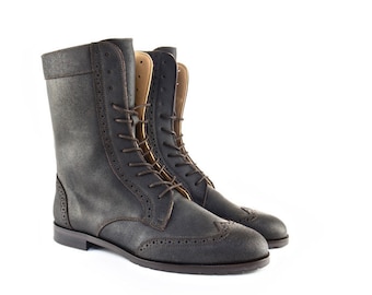 Women Handmade Combat Ankle Leather Boots in Rugged Mocha Brown Leather. Handmade Leather Boots