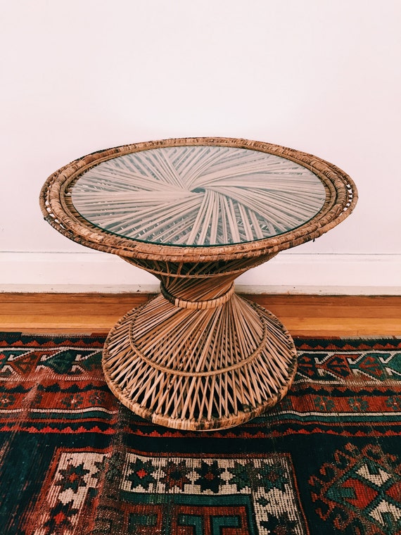 SOLD // Vintage Rattan Hourglass Side Table w/ Glass