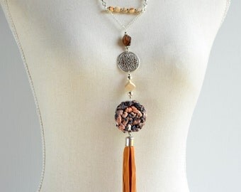 Necklace necklace brown, Fawn, beige cloth, wood and leather