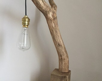Driftwood with suspended filament bulb, lamp vintage