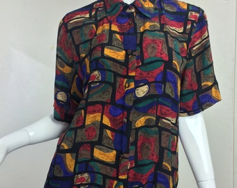 Multi-Colored Printed 80s Button Up Silk Short Sleeve Shirt Size 12