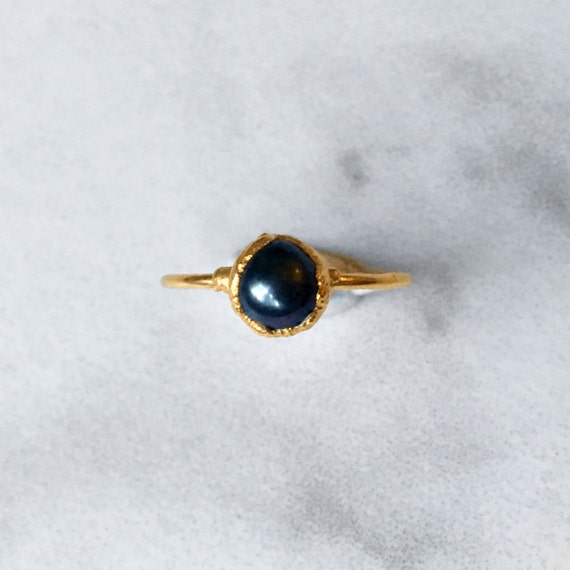 Boho Black Pearl Ring Dainty Boho Ring Gold Black by Ringcrush