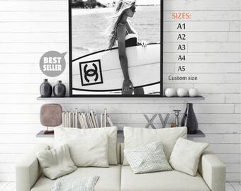 Surf Board • Surf Wall Art Chanel Inspired Surfer Beach Photography Fashion Art Coastal Decor Beach Surfing Print Ocean Decor Sea Print Art