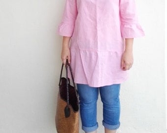 Linen Tunic / Drop Waist Linen Tunic, Square Neckline Linen Top with Ruffle Sleeves