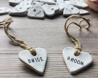 100 Personalised Clay Ceramic Heart Place, Favour/Favor Tags - Rustic, Vintage, Shabby Chic, Country Wedding Decor, Table Decoration
