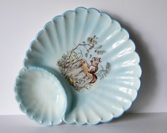 Vintage, Nut Dish, Serving Tray, Platter, Kitchen and Dining, Blue, Ceramic, Dish, Squirrel Decor, Scallop Shaped