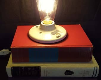 Recycled - Upcycled Stacked Book Lamp - Stacked Book Lamp - Steampunk/Industrial - Vintage Encyclopedias - Edison Style Light Bulb